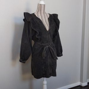 XS Free People Imogene Black Denim Ruffle Long Sleeve Mini Dress